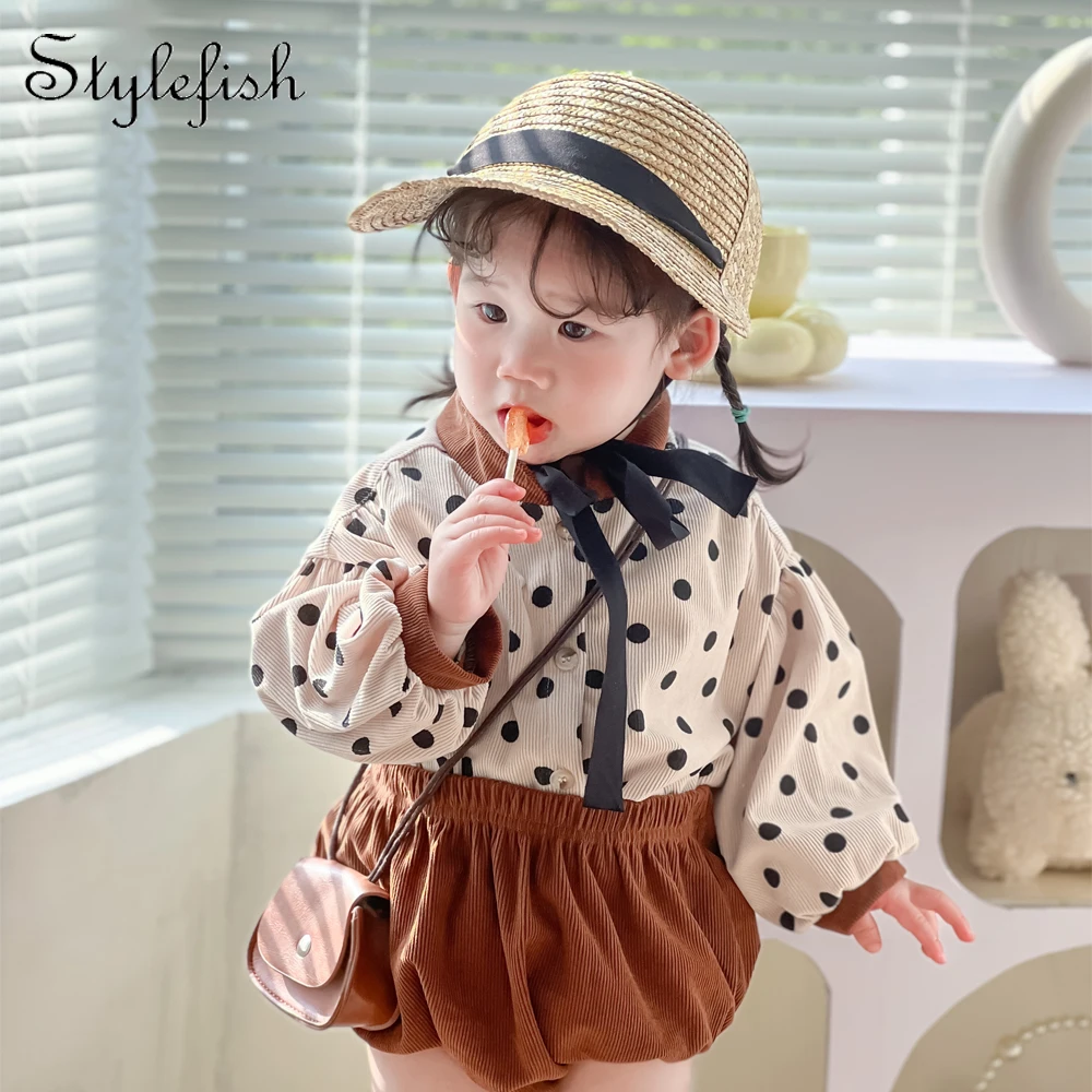Baby girl drabužius 2 dalių kostiumą korėjos versija retro Pavasarį ir Rudenį Kūdikių nustatyti Poka Dot vaikų Mielas Kailis+Kelnės Dviejų dalių Nuotrauka 0