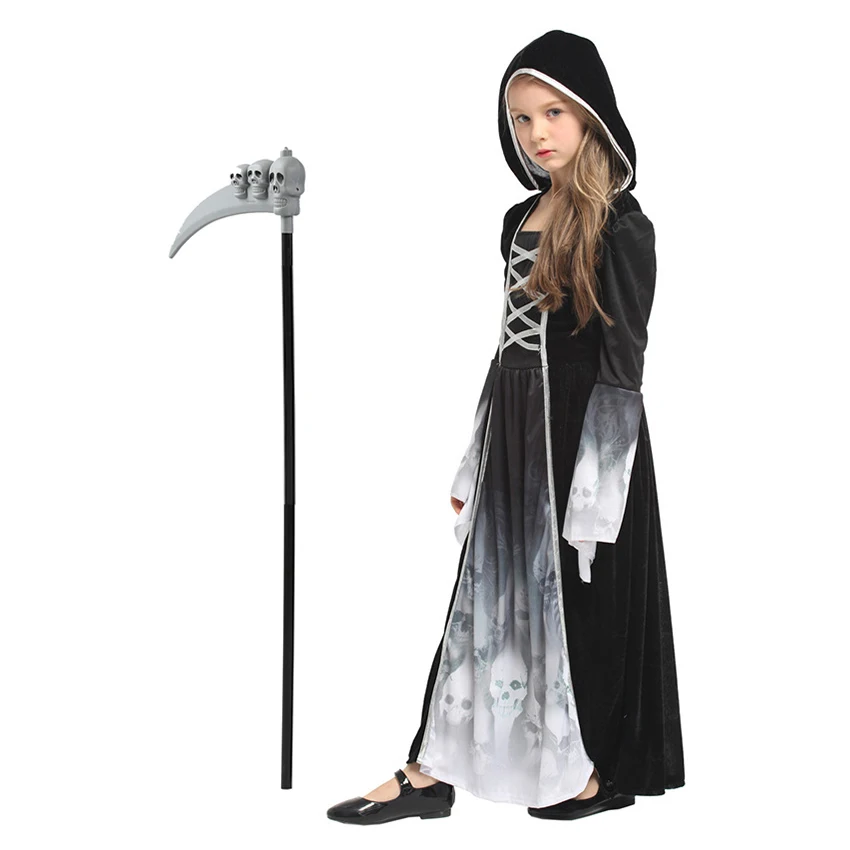 Grim Reaper Ragana Kostiumai Mergina Dress Dvasios Teroro Kaukolė Pjautuvas Cosplay, Anime, Helovinas Kostiumas Vaikas Karnavalas Maskuotis Prop Nuotrauka 0