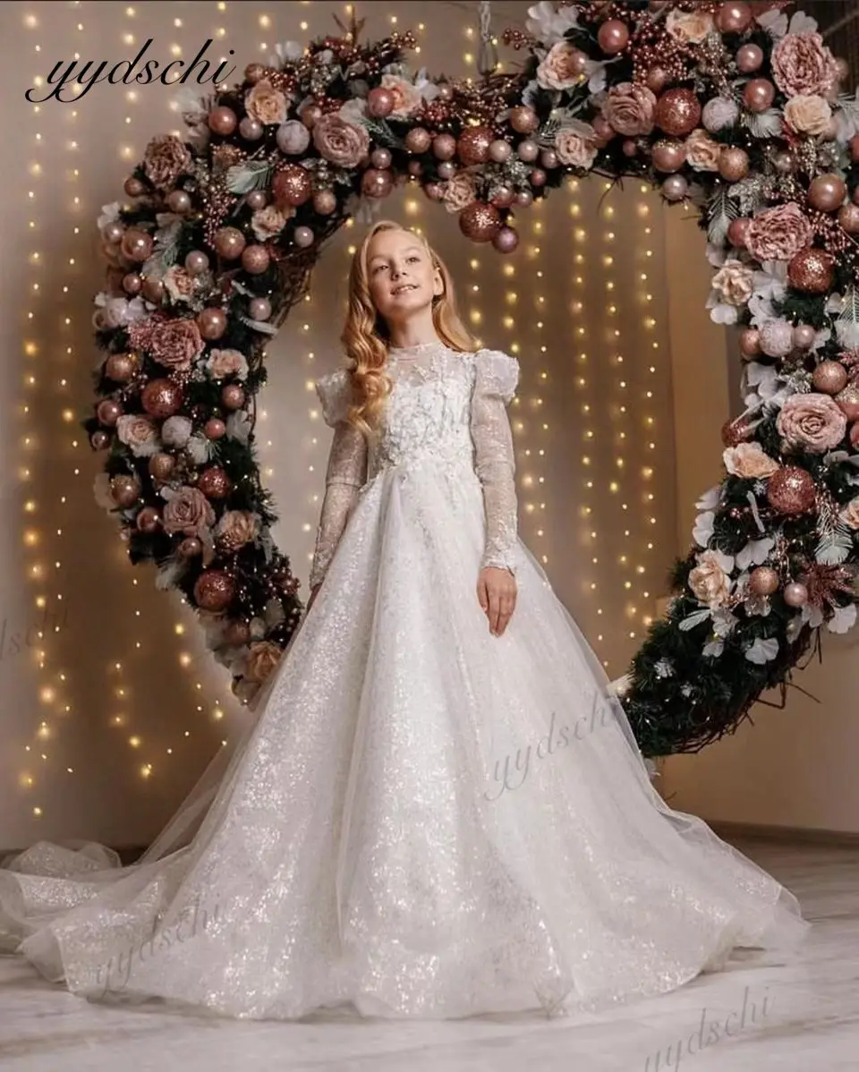 Puošnus Gėlių Mergaičių Suknelės Vestuvėms 2022 Princesė Ilgomis Rankovėmis Blizgučiais Appliques Gimtadienio Pirmos Komunijos Suknelės Nuotrauka 0