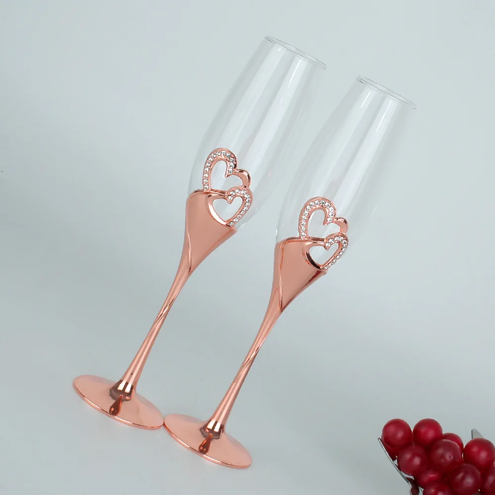 Rose aukso šampano stiklo aukštas-kojis nustatyti, stiklo vestuvių dovana stiklo širdies formos deimantų kristalų, stiklo, raudonas vynas stiklo Nuotrauka 0