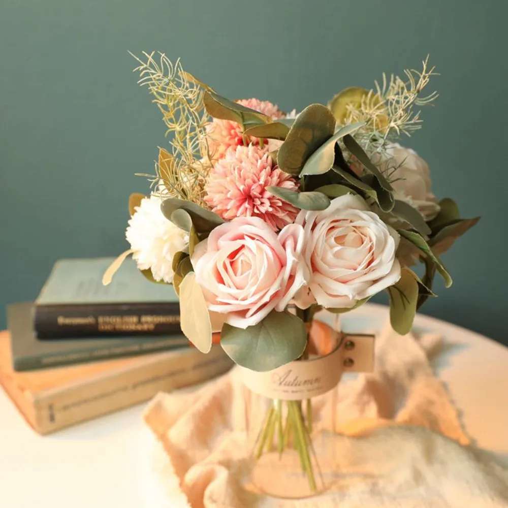 Rudenį Netikrą Rožių Gėlių Hydrangea Dirbtinės Plastikinės Gėlės, Žalieji Augalai Puokštės, Vestuvių Namų Puošybai Kambario Dekoro flores Nuotrauka 0