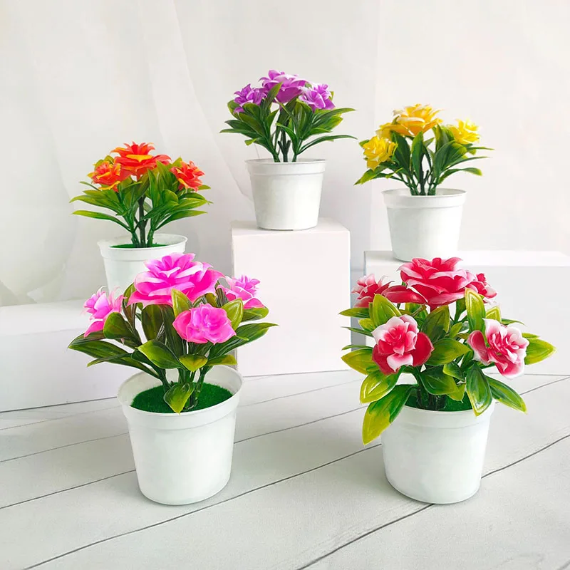 Dirbtinių Gėlių Vazoninių Darbalaukio Padirbtų Augalų Bonsai Plastiko Netikrą Gėlių Vazoninių Augalų Sode Deocr Žydėti Rožė Nuotrauka 1