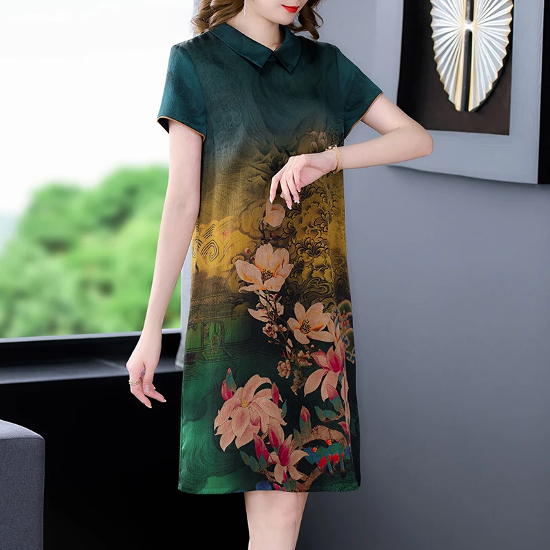 Moterims Gėlių Natūralaus Šilko Polo Apykakle Midi Vasaros Suknelė Trumpomis Rankovėmis Elegantiškas Office Lady Suknelė 2022 Korėjos Derliaus Atsitiktinis Suknelė Nuotrauka 1