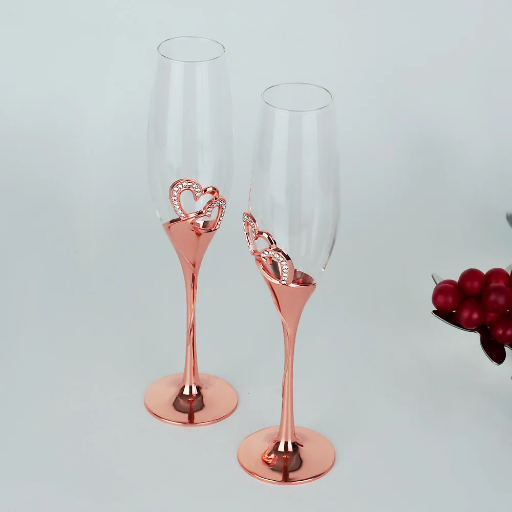 Rose aukso šampano stiklo aukštas-kojis nustatyti, stiklo vestuvių dovana stiklo širdies formos deimantų kristalų, stiklo, raudonas vynas stiklo Nuotrauka 1