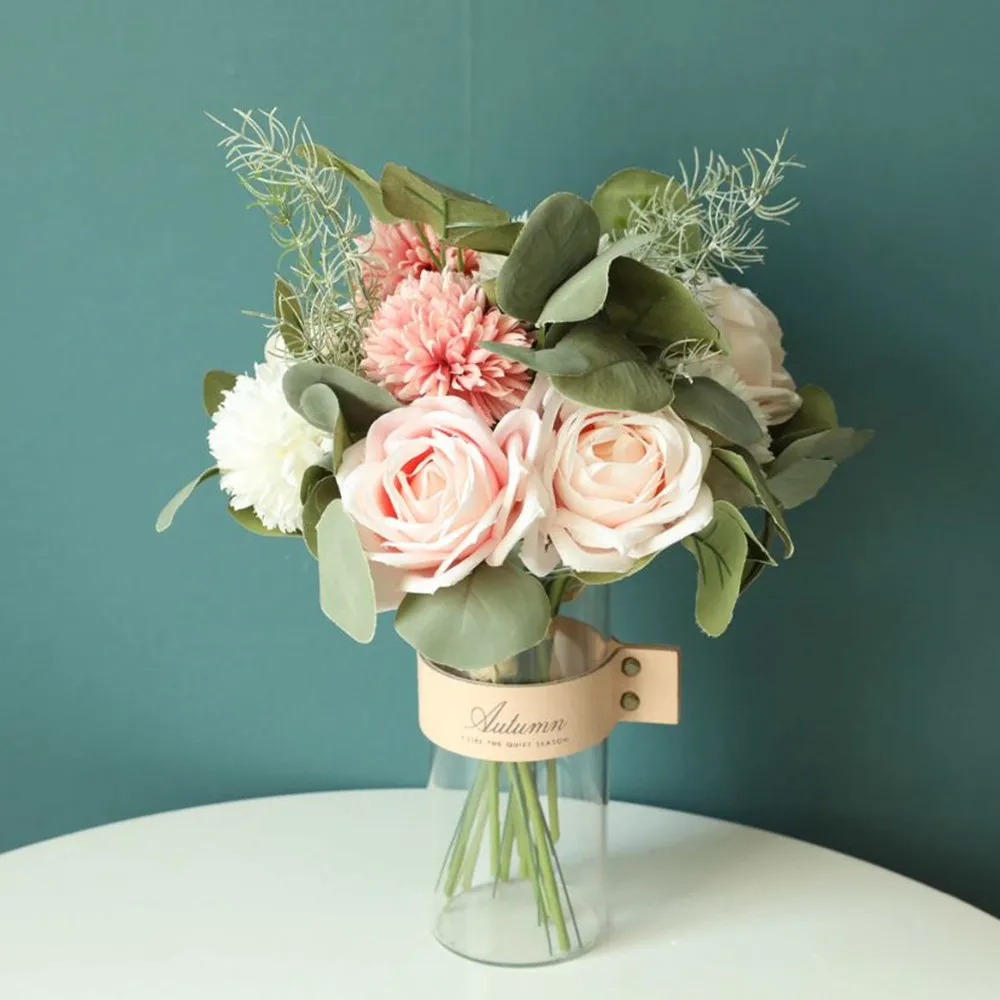 Rudenį Netikrą Rožių Gėlių Hydrangea Dirbtinės Plastikinės Gėlės, Žalieji Augalai Puokštės, Vestuvių Namų Puošybai Kambario Dekoro flores Nuotrauka 1