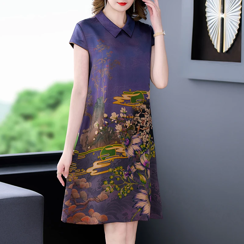 Moterims Gėlių Natūralaus Šilko Polo Apykakle Midi Vasaros Suknelė Trumpomis Rankovėmis Elegantiškas Office Lady Suknelė 2022 Korėjos Derliaus Atsitiktinis Suknelė Nuotrauka 2