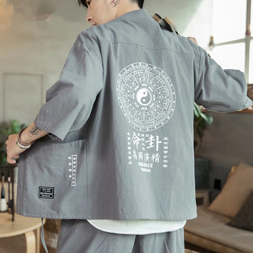 2020 Lino Kinų Stiliaus Kimono Vyrų Japonų Kimono Megztinis Harajuku Kimono Marškinėliai Vyrams Streetwear Havajų Marškinėliai Vyrams 5XL Nuotrauka 3