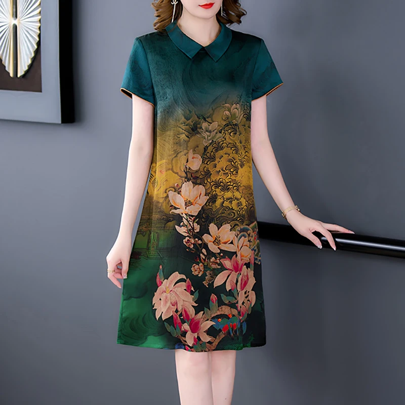 Moterims Gėlių Natūralaus Šilko Polo Apykakle Midi Vasaros Suknelė Trumpomis Rankovėmis Elegantiškas Office Lady Suknelė 2022 Korėjos Derliaus Atsitiktinis Suknelė Nuotrauka 3