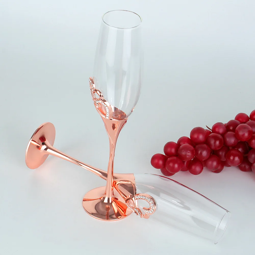 Rose aukso šampano stiklo aukštas-kojis nustatyti, stiklo vestuvių dovana stiklo širdies formos deimantų kristalų, stiklo, raudonas vynas stiklo Nuotrauka 3