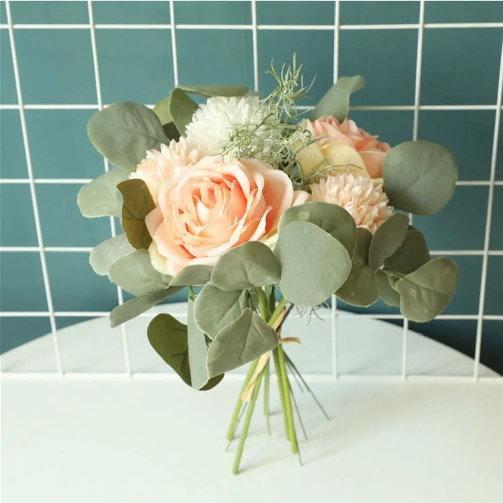 Rudenį Netikrą Rožių Gėlių Hydrangea Dirbtinės Plastikinės Gėlės, Žalieji Augalai Puokštės, Vestuvių Namų Puošybai Kambario Dekoro flores Nuotrauka 3