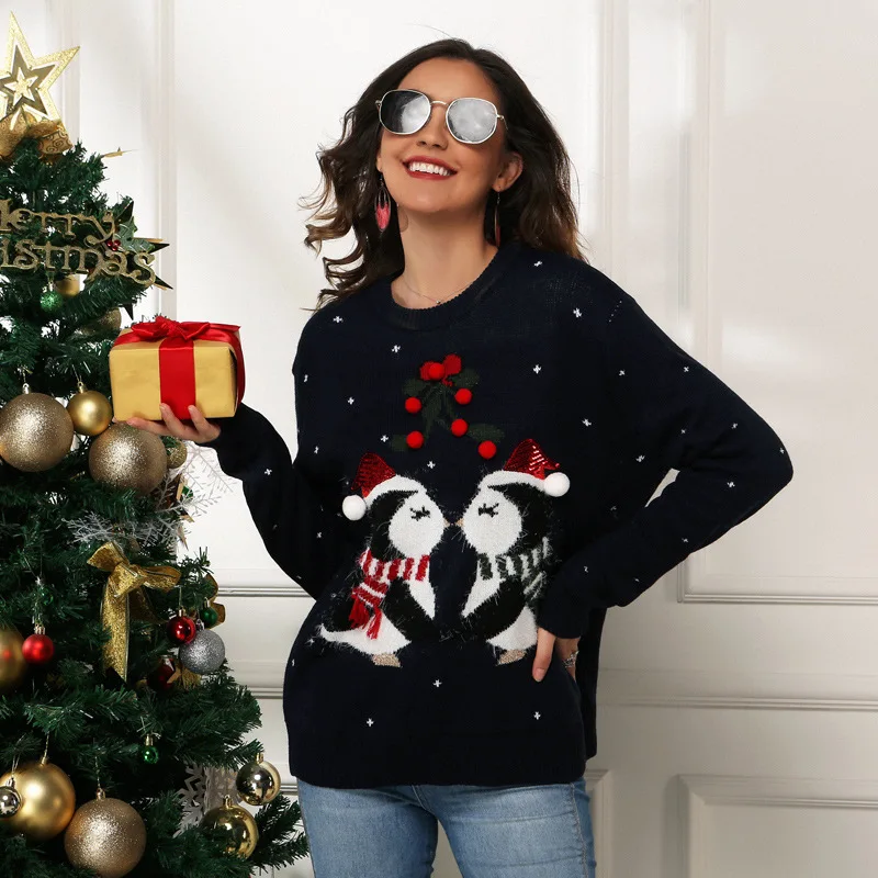Moterų Kalėdų Džemperis su Santa Claus / Pingvinas Modelio Spausdinimo, Šiltas Apvalios Kaklo Žiemos Drabužiai Nuotrauka 4