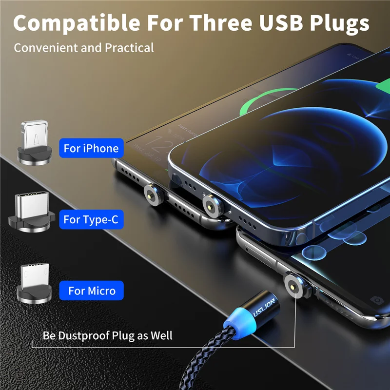 USLION LED Magnetinio USB Laidą Įkrovimo C Tipo Kabelis iPhone 12 11 Xiaomi 