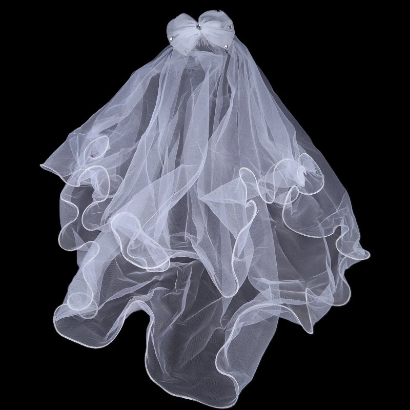 Naujas Moterų Vestuvinė Suknelė bowknot Šydas Sluoksniai Tiulio Kaspinas Krašto Vestuvinius Vualiai Nuotrauka 5