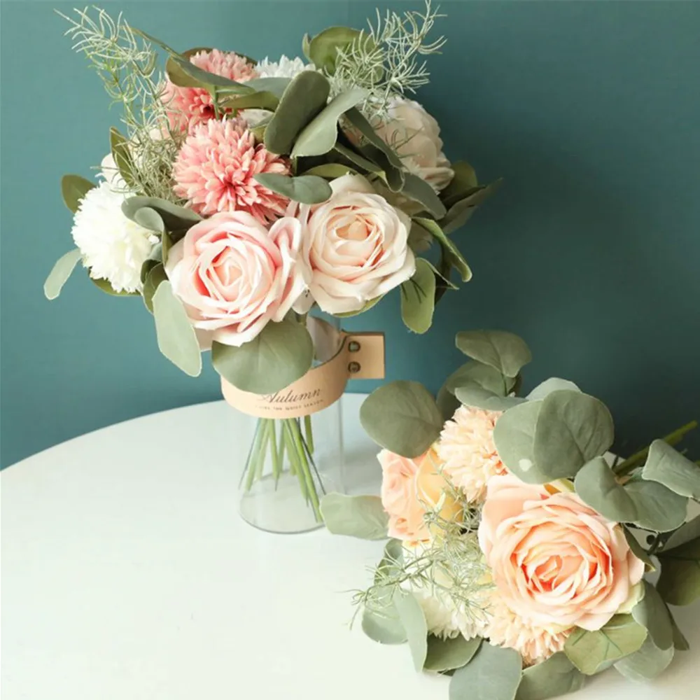 Rudenį Netikrą Rožių Gėlių Hydrangea Dirbtinės Plastikinės Gėlės, Žalieji Augalai Puokštės, Vestuvių Namų Puošybai Kambario Dekoro flores Nuotrauka 5