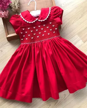 1-12Y Baby Girl Rankų darbo Boutique Raudona Smocked Gėlių Siuvinėjimas Suknelė Gimtadienio Eater Eid Atsitiktinis
