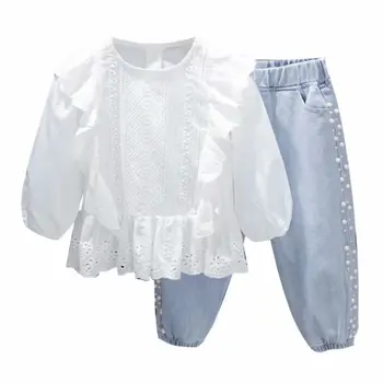 1-7Y Vaikai Mergina Drabužių Rinkiniai Mados Baby Girl Drabužiai, Kostiumai Medvilnės vaikiški Drabužiai marškinėliai+ Džinsinio audinio kelnės Pavasarį Rudenį