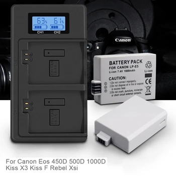 1800mAh 7.4 V, LP-E5 LP E5 Fotoaparato Baterija+LCD USB Smart LPE5 Baterijų Kroviklis Canon 500D 450D 1000D Rebel Xsi Kiss X3/F baterija