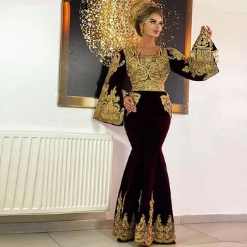 2022 Klasikinis Kosovo vestidos Formales Aksomo, Vakaro Suknelės Sudegintasis Rankovėmis, Aplikacijos, Nėrinių Undinė Promenadzie Suknelė chalatas de soiré