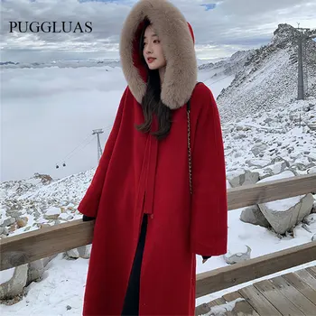 2022 Moterų Žiemos Elegantiškas, Kietas Didelis Kailių Apykaklės Vilnoniai Paltai Apsiaustu Žaliojo Moterų Raudonas Storas Šiltas Ilgi Paltai Korėjos Gobtuvu Outerwears