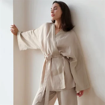 2022 m. Pavasarį Kimono Medvilnės, Lino Megztinis Su Diržu ilgomis rankovėmis Pajama Komplektai Japonijos Yukata Sleepwear Moterų Kostiumai Namų Drabužiai