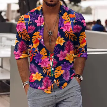 2022 m. Pavasarį, Rudenį Vyrų Havajų Marškinėliai Turn-žemyn Apykaklės Sagomis Viršūnes vyriški Laisvalaikio Atogrąžų Spausdinti ilgomis Rankovėmis Marškinėliai Streetwear