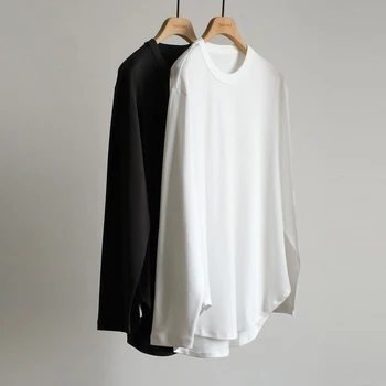 2022 m. Rudens ir Žiemos Balto Dugno Medvilnės Patogus Tekstūros ilgomis rankovėmis Juoda Viršūnes Moterys T Shirts