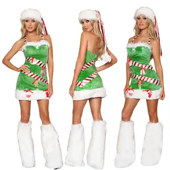 Amerikos Žalia Krūtinės Suvynioti Sexy Santa Claus Drabužiai Suknelė Šalis Santa Cosplay Kostiumų Plaukuotas Suknelė Su Skrybėle, Kojų Šildytuvus