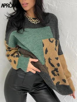 Aproms Elegantiškas Leopardas Spausdinti Negabaritinių Puloveriai Moteris Rudens-Žiemos 2022 Minkštas, Šiltas Megzti Megztiniai Prarasti Džemperiai Moterims