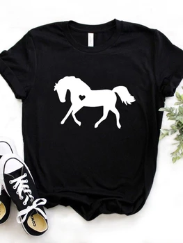 Arklių su Širdies Meilužis Spausdinti Moterų Marškinėliai trumpomis Rankovėmis O Kaklo Prarasti Moterų Marškinėlius Ponios Mados Marškinėliai, Topai Camisetas Mujer