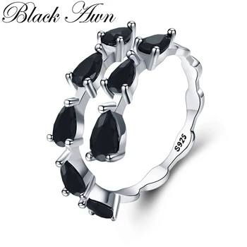[BLACK PELAS] Mielas Sidabro Spalvų Papuošalai Juoda Spinel Elegantiškas Vestuvių Žiedai Moterims Atidaryti Piršto Žiedą G062