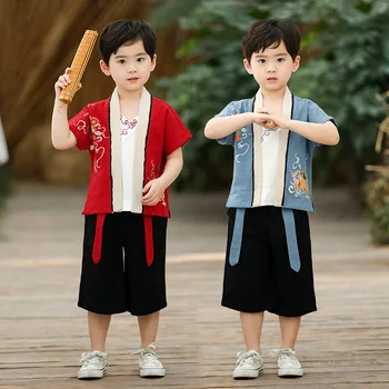 Berniukams, Naujas Kinų Stiliaus Tradicinių Senovės Hanfu Derliaus Spausdinti Tango Medvilnės Kostiumas Trumpomis Rankovėmis Dviejų Dalių Rinkiniai, Vaidmuo Žaisti Kostiumas