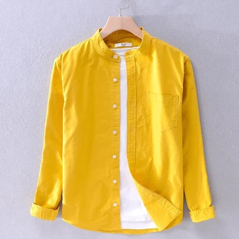 Camisa de manga larga de algodón puro para hombre, Stalviršiai, informales de cuello alto amarillo, ropa de Spalva sólido, Y3170, novedad