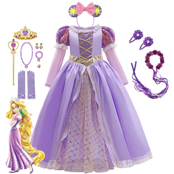 Disney Princesė Rapunzel Mergaitės Deluxe Blizgančiais Lankas, Kamuolys Cosplay Kostiumų Vaikams, Naujų Metų Gimtadienio Suknelė Susivėlęs Drabužiai