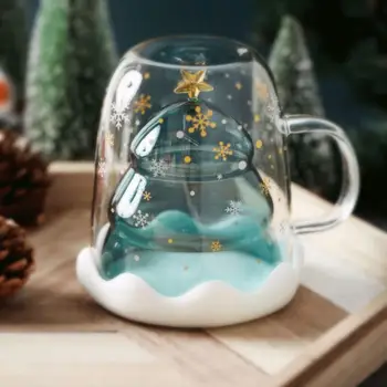 Dvigubo Sluoksnio Stiklo Taurės Tirštėti Kalėdų Medžio Snaigės Puodelio Kavos Kalėdų Formos Sulčių Vaikų Kūrybos Dovana Skaidrus 3D P3U1