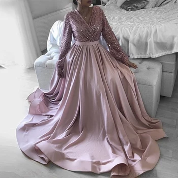 ElegantPink Blizgančiais Satino Bridesmaid Dresses 2021Full Rankovės Oficialų Prom Vakare Chalatai Pritaikyti платье вечернее