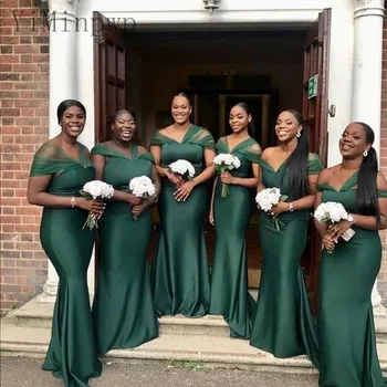 Elegantiška Žalia Undinė Bridesmaid Dresses Off Peties Valymo Traukinio Klostes Juoda Moterų Vestuvių Svečias Šalis Suknelė