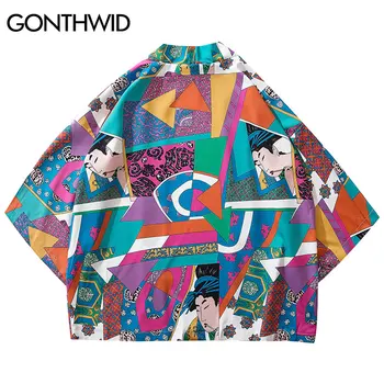 GONTHWID Japonų Ukiyo-e Spalvingas Geometrines Kratinys Spausdinti Kimono Megztinis Haori Striukės Streetwear Hip-Hop Atidaryti Priekiniai Paltai