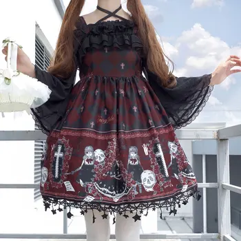 Gothic Lolita Dress Dvasios Kaukolė su Mergina Vestido Japonų Stiliaus Jsk Juoda Palaidinė už Kawaii Moterų Punk Suspender Raudonos Suknelės
