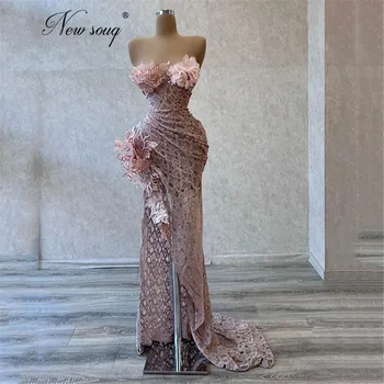Haute Couture Rausva Nėrinių Vakare Šalis Suknelės Moterims, Prabangių Gėlių Pusėje Ritininės Vakare Chalatai Arabų Prom Dresses Rūbeliai Du Soir