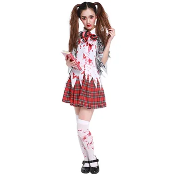 Helovinas Moterų Baisu Mokyklos mergina Cosplay Kostiumų Kraujo dėmių Zombiai Studentų Vienodas Egzotinių Karnavalas Velnias suknelė