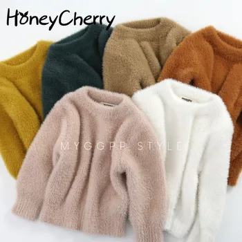 HoneyCherry Mergina Megztiniai Žiemos Drabužiai Nauji Imitacija Mink Striukė, Megztinis Šiltas Baby Megztiniai