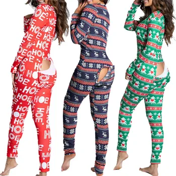Kalėdų Spausdinti Seksualus Pajama Moterų Jumpsuit Atsitiktinis ilgomis Rankovėmis Pyjama Mygtuką žemyn Priekiniai Funkcinės Sagomis Atvartu Moterų Sleepwear