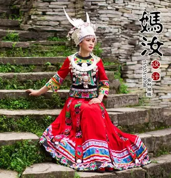 Kinijos Miao Kostiumai Siuvinėjimo Mažumų Vestuvių suknelė Hmong Moteris Gražia Tradicija Raudona