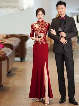 Kinijos mados Išsiuvinėti vestuvių Suknelė Vestuvių Cheongsam suknelė Vyno Raudona Undinėlės vakarinę Suknelę Pusė Rankovių Vestido Noiva Sereia