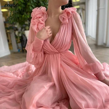 LORIE Elegantiškas Kūdikių Rožinė Vestuvių Suknelės Ilgai Žibintų Rankovėmis V-Kaklo Linijos Princesė Vestuvių Suknelė Su Peties Gėlės Chalatai