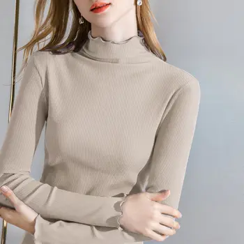 Mediniai ausies krašto pusę, aukštos apykaklės megztinis dugno marškinėliai moterims 2023 korėjos kietas ilgomis rankovėmis megztinis džemperis moterims