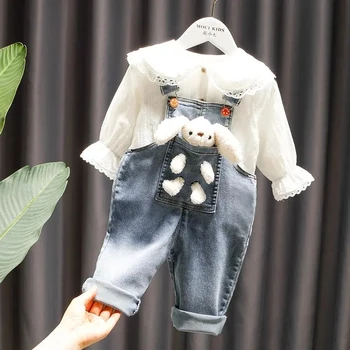 Mergaičių kombinezonai su antkrūtiniais kostiumą, džinsus, marškinius 2 dalių kostiumą mergina kūdikių kelnės cute girl marškinėliai 2022 naują pavasario ir rudens drabužiai