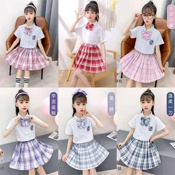 Mokyklos Paauglių mergaičių Uniformos Vaikams Plisuotas Sijonas, Japonijos mokyklinę Uniformą Aukšto Juosmens-Line Pledas Sijonas JK Uniformas Nemokamai Kaklaraištis Ir Kojinės