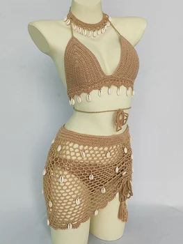 Moteris Bikini Komplektas Nėrimo Shell Kutas Viršų Seksualus Diržas Apačioje Žr.-Per Tuščiaviduriai Iš Tvarstis Aukšto Juosmens Trumpas Paplūdimio Sijonas