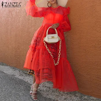 Moteriški Kietas Nereguliarus Ilgas Chalatas, ZANZEA prancūzijos Elegantiškas Maxi Suknelė iki 2022 m. Rudenį Matyti Per Vestidos Mados Šalis Atostogų Suknelės